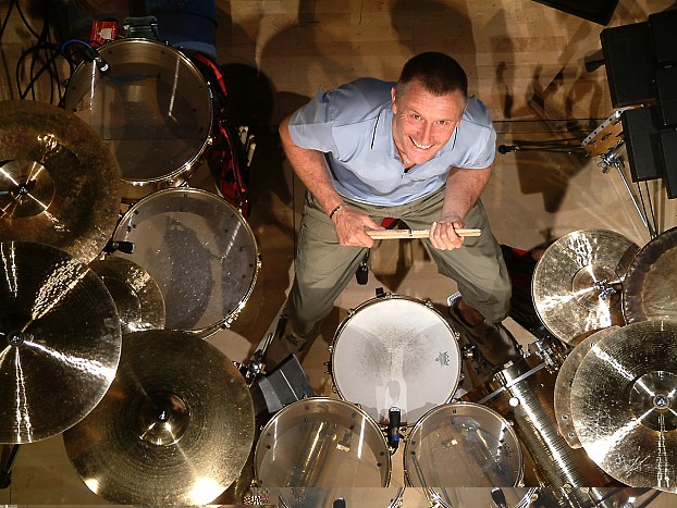 Overhead view of Carl at drum kit